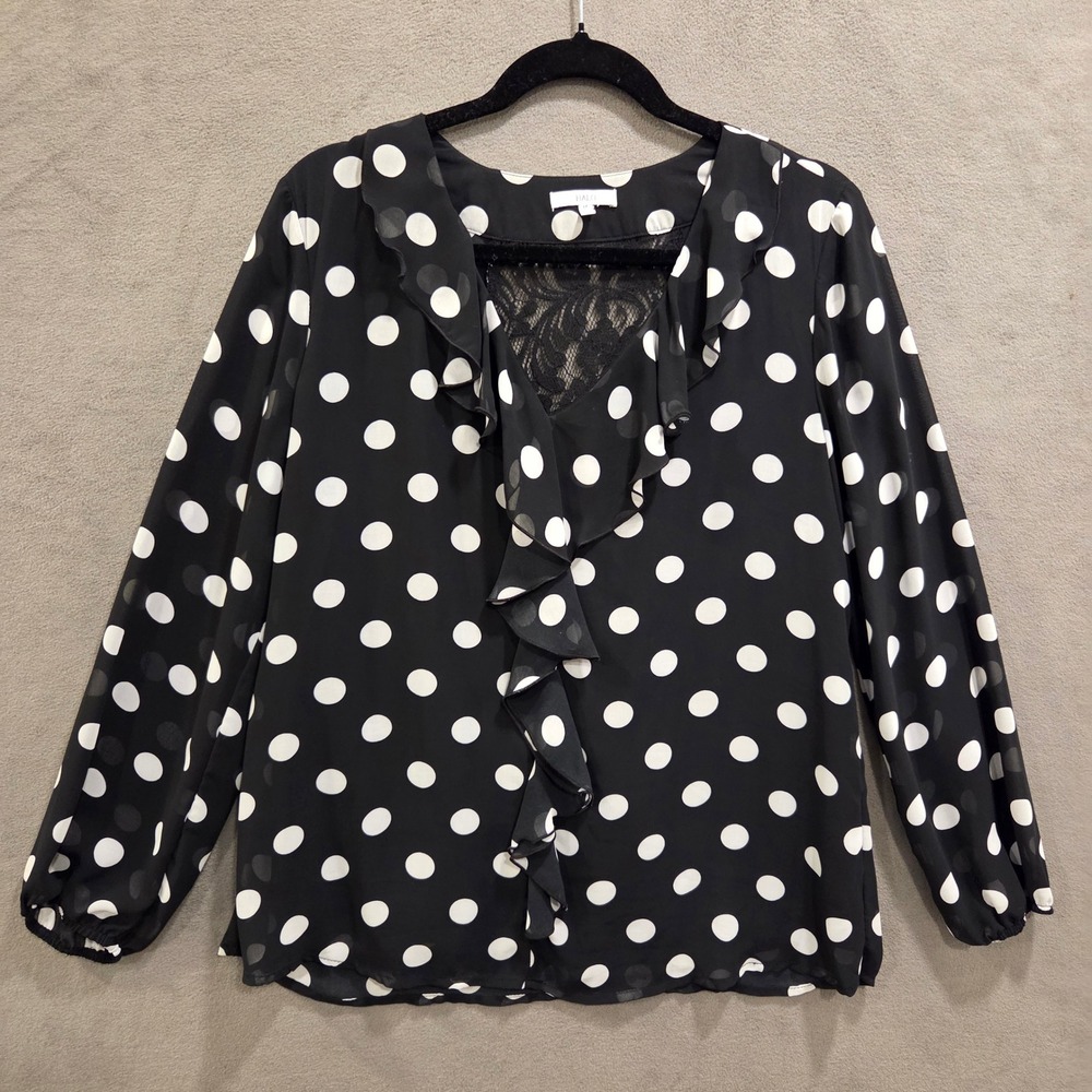 Halo Sheer Lined Polka Dot Blouse Top Women's Size Medium Ruffle Lace Office